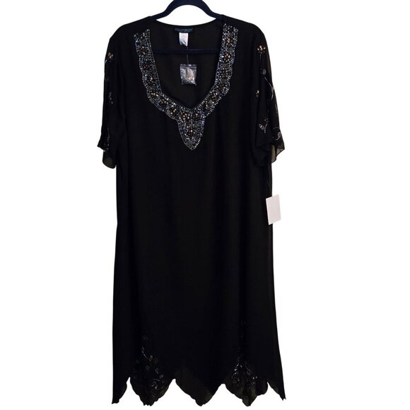 Ulla Popken NWT Black Beaded A Line For Chiffon Formal Maxi Dress Size 16/18 - Picture 1 of 7